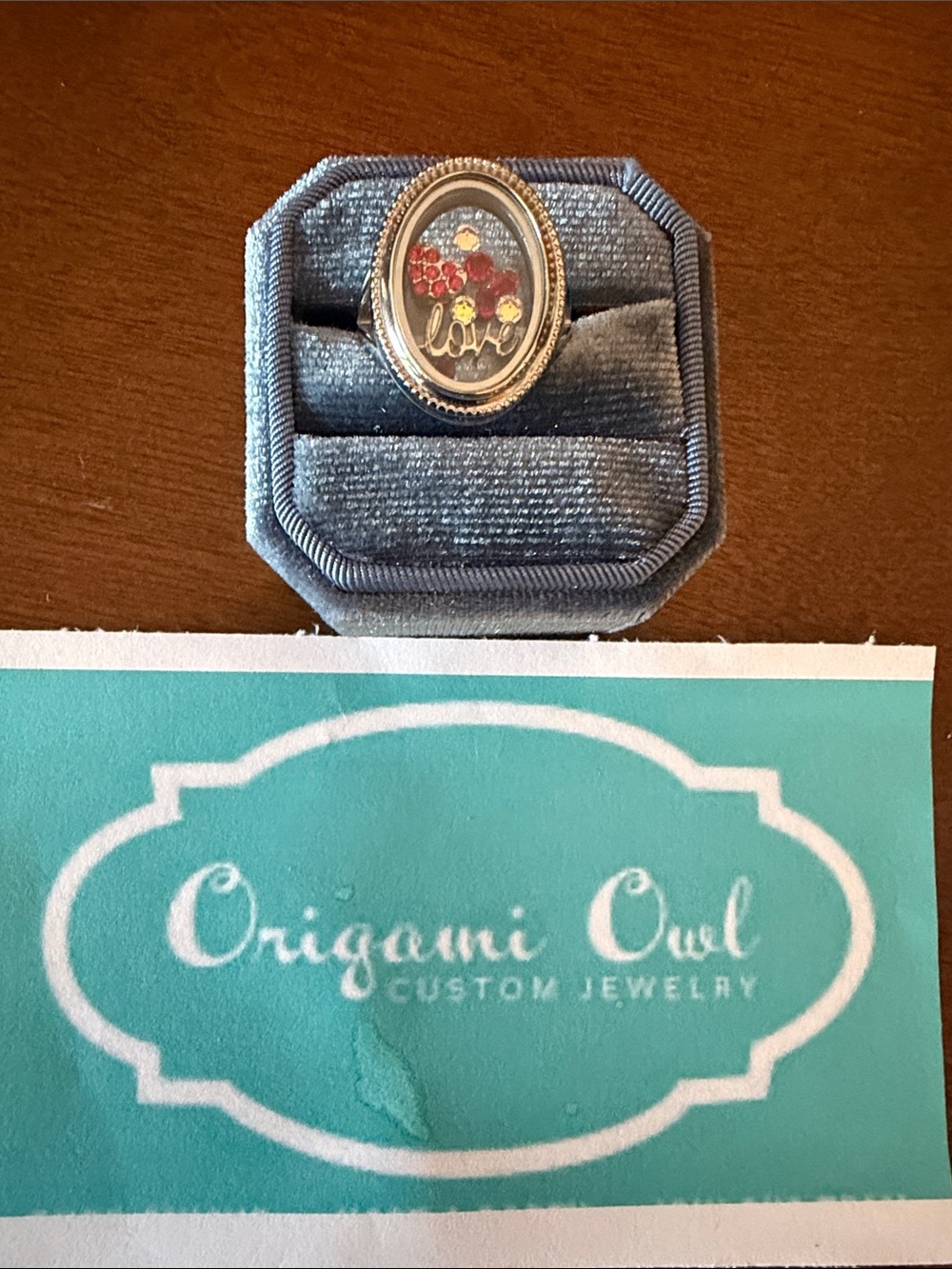 Origami Owl Silver Oval Living  Locket Charm Ring with Red Accent Crystals Sz 9